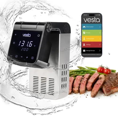 Stainless Steel Vesta Precision SV81 Sous Vide Cooker - Compact Vertical Design, WiFi App Control, ±0.1°C Precision Cooking, 900W Rapid Heating, Flip Display, IPX7 Waterproof, 30L Large Capacity, Guided Recipes