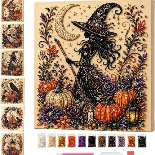 Halloween Witch Ghost Pearl Diamond Art DIY Kit, Diamond Painting Crafts Kit for Adults, Spooky Cute Ghost Pumpkin Canvas Art, DIY Fall Home Halloween Decor Wall Art, Beginner DIY Gift