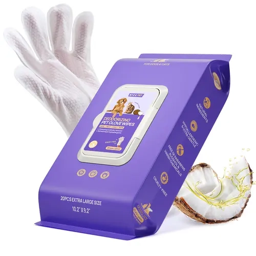 HICC PET 20pcs Dog Grooming Wipes - No-Rinse Hypoallergenic Glove Wipes with Fermented Oils for Hair Removal, Deodorizing, Skin Hydration，Bath-free Dog Grooming,sohochic