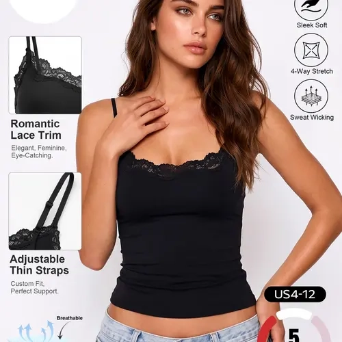 LUMENNEST  Women's Elegant Lace Trim Adjustable Strap Flattering Camisole, Solid Color Lightweight Moisture-Wicking Summer Tops, Breathable Quick-Drying Stretchy Going Out Outfit #TikTokMadeMeBuyIt #Camisole #EverydayWear