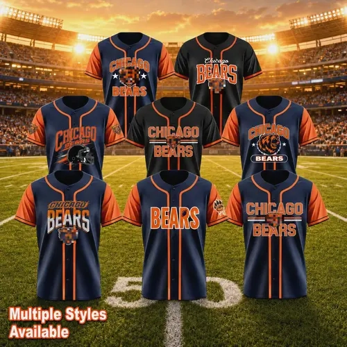 Chicago King Of The North Short-Sleeve Button-Front Football/Baseball Jersey, Vintage Crown Bear Graphic Navy Orange Multi-Size Game Wear Gift For Bears Fans