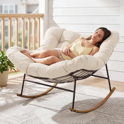 ONBRILL Oversized Papasan Rocking Chair - Indoor/Outdoor 450 lbs Capacity Egg Chair with Thick Cushion, Cozy Lounge Reading Glider for Bedroom, Blue