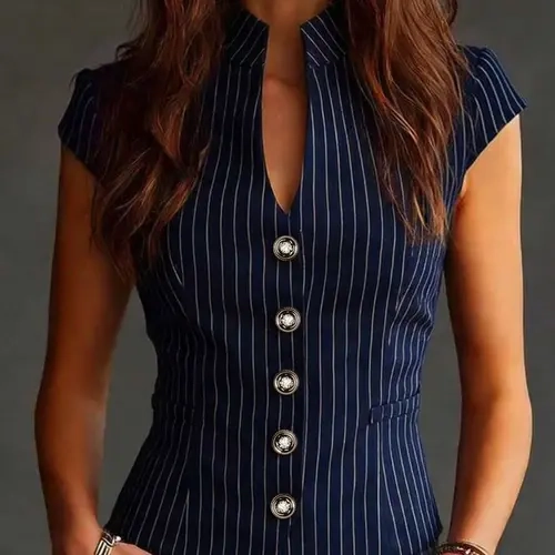 Women's Vintage Navy Striped Stand Collar Short Sleeve Blouse, Slim Fit Waistcoat with Metal Buttons, Casual Office Wear, Collared Neck Blouse