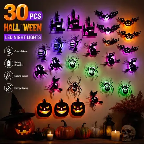 JOYTUTUS Halloween 3D Cutout Night Light Set - 8/30Pcs Removable Spooky Glow Wall Stickers with Various Shapes (Witch, Bat, Pumpkin, Castle, Ghost, Spider, Tree) for Home, Party Decorations,toolupgrade