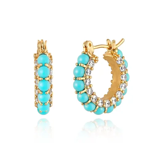 Fettero Sparkling Turquoise Cluster-Type Huggie Hoop Earrings for Women, Gold-Plated Lightweight Hypoallergenic Dangle Gold Jewelry, Boho Southwestern Versatile Casual Wear Gift, Multiple Styles