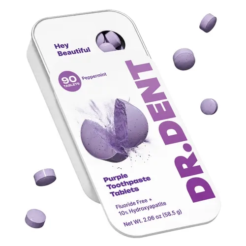 DR.DENT Purple Toothpaste Tablets with Hydroxyapatite & PAP | Fluoride-Free, SLS-Free, Vegan | Purple Tone-Correcting Formula | 90 Chewable Tablets per Tin
