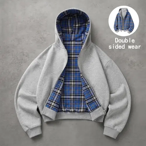 Unisex cotton-blend reversible hooded set, plaid hoodie jacket worn two ways + casual long pants, with pocket design, comfortable casual street-style two-piece set.