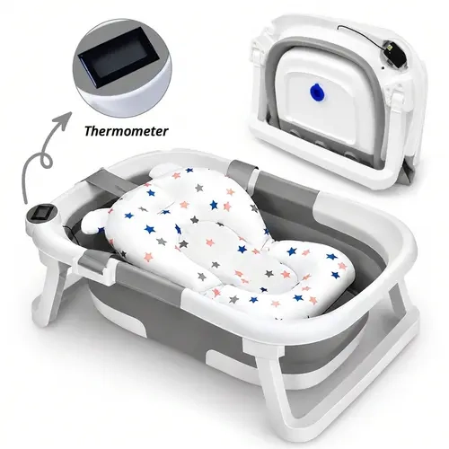 COCHILDOR Foldable CPSIA-Safe Plastic Baby Bathtub for 0-12 Months Infants, with Soft Cushion, Thermometer, Easy-Clean Design, Portable Travel Tub (Pink & Gray/Navy Blue/Green),sohochic