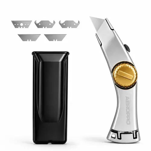 AeroPro Heavy Duty Fixed Blade Utility Knife with Die-Cast Alum. Housing, Manual Retract, Quick Change, 5 Blades Included for Roofing, Carpet Cutting