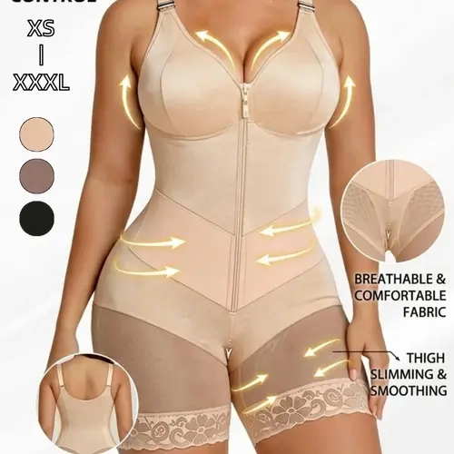 Colombian Faja Moldeadora Thong Bodysuit Seamless Cutout Open Back , Deep V Neck Zipper Front Lace Hem Anti Slip Strip Strong Tummy Control Waist Thigh Shaper, Butt Lifter Postpartum Sexy Lenceria Sexi Mujer Hot Shapewear Fajas