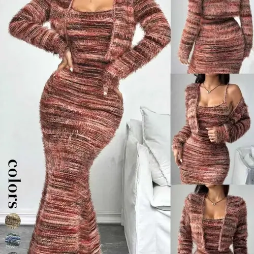 New Fall & Winter Vintage Colorblock Knit Set, Casual Elegant Cardigan, Long-Sleeve Jacket and Dress, Women's Fashion