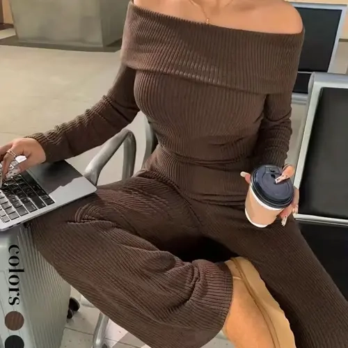 New European and American Style Two-Piece Set, Solid Color Sexy Off-Shoulder Long Sleeve Top and Wide Leg Bell Bottom Pants, Fall & Winter Outfit