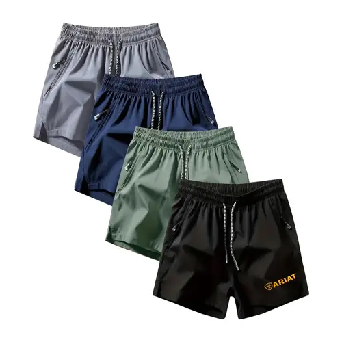 Men's Summer Logo Quick-Dry Sport Shorts, Drawstring Zipper Pockets, Slim-Fit, Breathable, Outdoor Training, Casual Wear