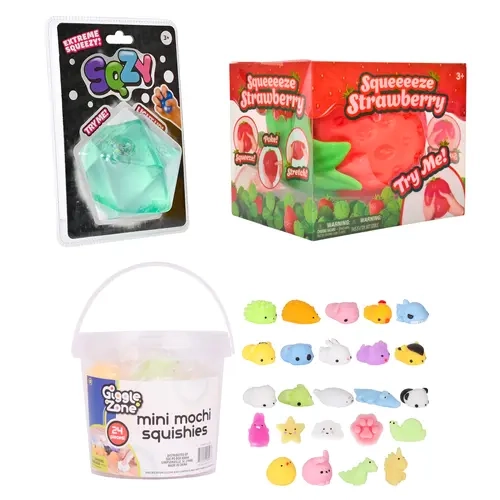 Toymendous Triple Texture Squish Pack – 3 Pack Sensory Fidget Toy Set with Slow Rise Strawberry, Light Up Gel Gem & Mini Mochi Squishy, Stress Relief Toys for Kids Ages 3+