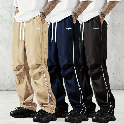 Men's Casual Loose Straight-Leg Pants with Side Stripes, Solid Simple All-Season Design, 3 Colors Available for Everyday Wear,sohochic