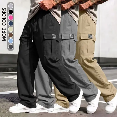 Men's Plain Look Straight Mid Waist Cargo Pants - Durable Wrinkle-Free Polyester, Multiple Pockets - Menswear for Casual, Work Pants