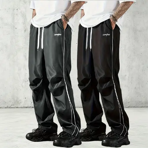Men's Casual Wide-Leg Long Pants - Minimalist Menswear Activewear Sportswear with White Side Stripes, Drawstring Waist, Letter Print, Comfortable Fabric,sohochic