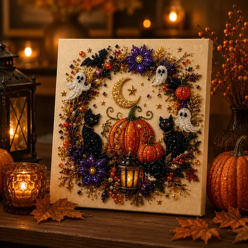 【8*8inch】Halloween 5D Diamond Painting Kit, DIY Pearl Bead Art Canvas with Tools, Beginner Friendly Craft Kit for Adults and Teens, Pumpkin Ghost Witch Cat Seasonal Wall Decor and Halloween Gift