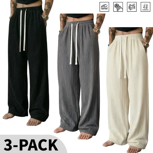 Men's 3-Piece Corduroy Casual Pants Set, Vertical Stripe Texture, Versatile Long Trousers, Men's Clothing,sohochic