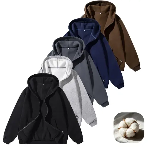 Men's solid-color cotton-blend zip-up hooded sweatshirt, casual long-sleeve outerwear,sohochic