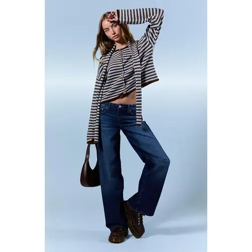 Pacsun Women's Casey Low Rise Baggy Jeans Button Flap Pocket Dark Blue