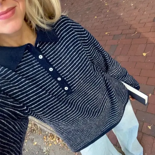 Women's Fall Winter Striped Knit Sweater, Long Sleeve Polo Neck Loose Fit, Casual College Style, Plain Surface, Knitted Pullover, Batch Number 20260719