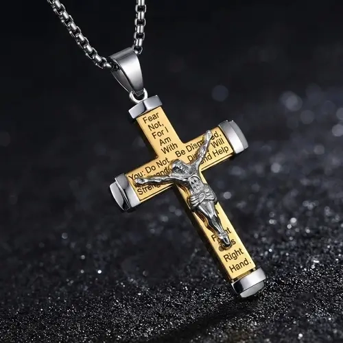 Stainless Steel Cross Necklace for Men, Isaiah 41:10 Bible Verse Crucifix Pendant, Two Tone Gold Silver Box Chain Christian Religious Jewelry