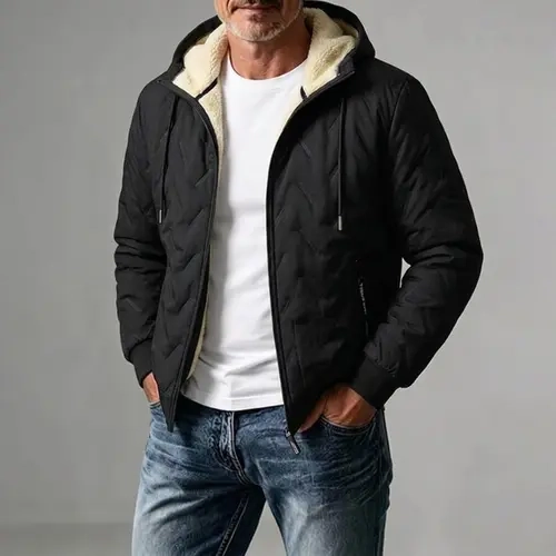 Mr.Pink Men’s minimalist solid-color slim-fit jacket with fleece lining, warm, full-zip textured design with hood — for outdoor winter everyday wear, Christmas gift