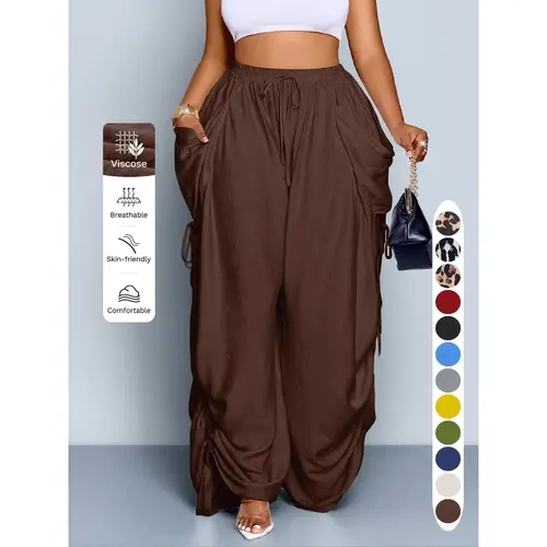 Women's Casual Loose-Fit Wide Leg Pants, All-Season Woven Fabric, Long Plain Design, Daily Commute & Vacation Wear