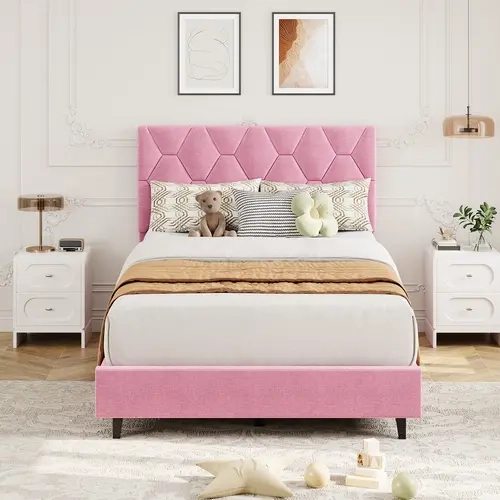 Garvee Upholstered Platform Bed Frame with Padded Headboard - Heavy-Duty Wood Slat Support, Noise-Free Non-Slip, No Box Spring Needed, Easy Assembly - Twin/Full, Grey/Beige