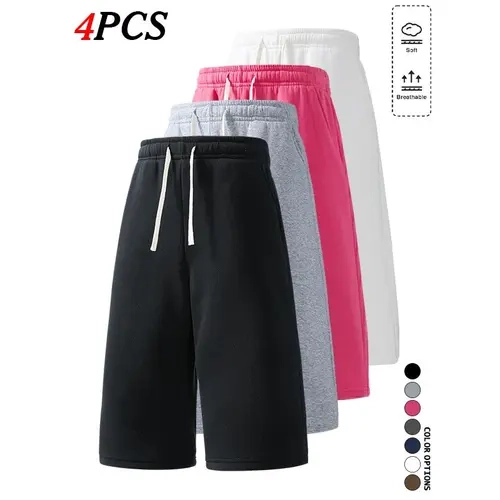 4-Pack Men’s High-Waist Adjustable Drawstring 3/4 Joggers, Straight Loose Fit with Side Storage Pockets, Lightweight and Breathable for Sports and Commuting, Easy to Wear