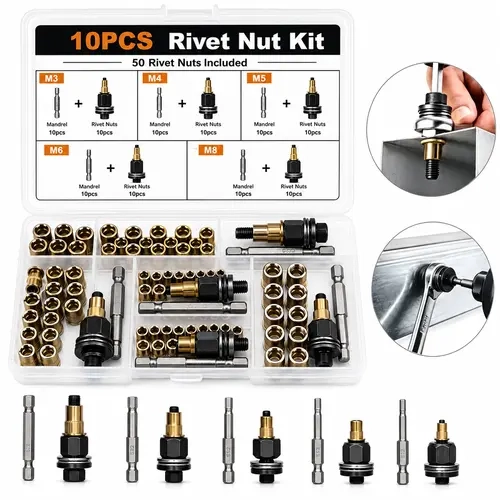 Head Rivet Nut Tool, M3 M4 M5 M6 M8 Rivnut Kit, Carbon Steel Rivnut Set, Threaded Rivet Nut Kit, Manual Riveter Rivnuts Tool Accessory for Automotive Repair Warehouses
