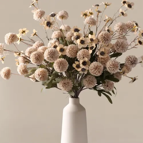 Ivydale Faux Silk Kiku Pompon Mum Artificial Flower Set, Beige Wax-Coated Chrysanthemum Stems for Home Decor, House Decor, Living Room Decorations, Decoration & Gift (Vase Not Included)