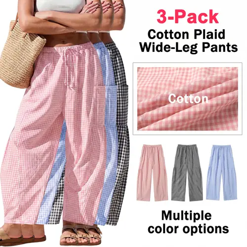 Women’s 55% cotton lightweight plaid wide-leg casual pants—comfortable, loose, elegant harem/balloon pants with an elastic drawstring waistband and side pockets; suitable for home, sleep, and vacation wear.