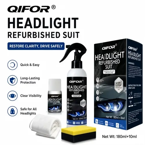 QIFOR Headlight Cleaning Kit with Crystal Coating Solution - Prevents Yellowing, No Polishing Required, Spray-On Application, Car Maintenance & Detailing Essential