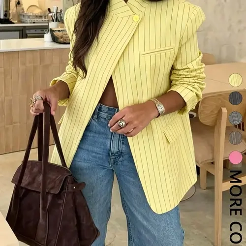 Women's Stand Collar Asymmetrical Single Button Blazer Shoulder Pad Long Sleeve Oversized Relaxed Silhouette Flap Pocket Vintage Street Style Perfect for Coffee Runs Brunch Daily Errands