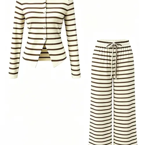 Young Women's Knit Set Slim-Fitting Round Neck Button Long Sleeve Cardigan, Elastic Waist Wide Leg Pants, Casual Two-Piece for All Seasons
