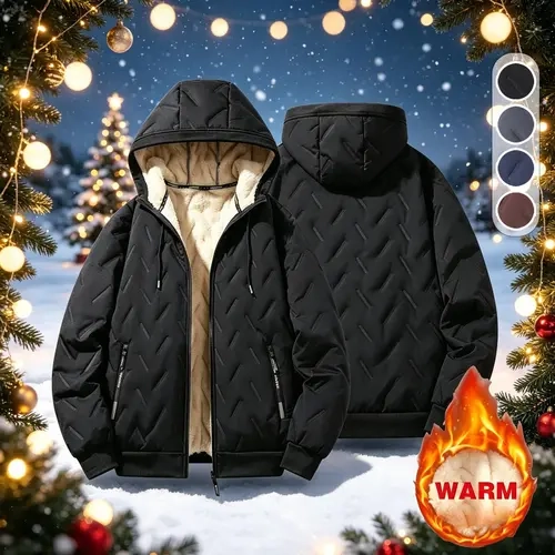 All Winter Thick Sherpa Fleece Attached Hood Quilted Jacket for Men, Full Zip Side Storage Zipper Pockets Ribbed Cuffs & Hem, Thermal Wind Coat for Shopping Outdoor Training