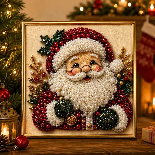 Classic Festive 3D Santa Pearl-Diamond Art Kit - Unframed with Printed Frame Effect, Entry-Level Adult DIY Craft Supplies, Pearl Beads Holiday Crafts for Tabletop Display or Wall Decoration,sohochic