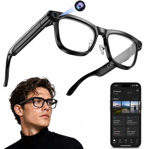 AI Smart Glasses, Wearable Rechargeable Recording Glasses with 8MP Camera, 1080P HD Video Recording, Wireless Bluetooth Audio, AI Translation, Voice Assistant, 16GB Storage, WiFi App Control, IP65 Waterproof for Travel, Cycling