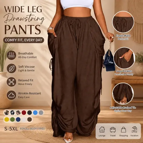 Women's Viscose Baggy Oversized Wide Leg Trousers - High Waist, Full Length, Elastic, Breathable, All-Season Woven Fabric, Adjustable Plain Bottom, Plus Size Bottoms, Ideal for Daily Commute & Vacation, Pants for Women