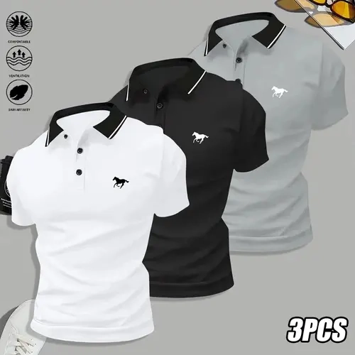Men’s 3-Piece Short-Sleeve Polo Shirt Set, Casual Sporty Style, Polyester Fabric, Outdoor Ready, Active Tops, Ideal for Outdoor Sports & Golf, Summer Clothes Products, Menswear