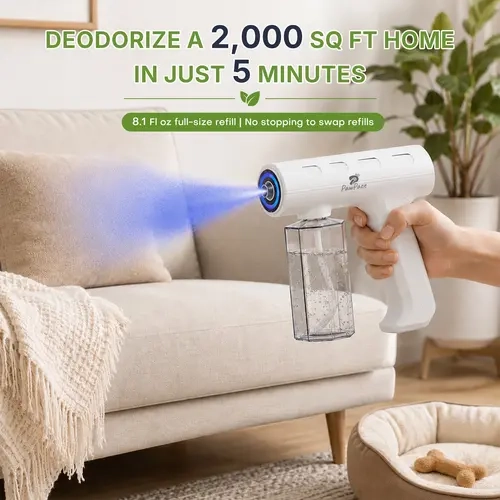 PawPace Electric Pet Odor Eliminator Spray Gun Kit for Home, 4 Spray Settings, Switchable Blue Light, 2 Full-Size 8.1 fl oz Refills
