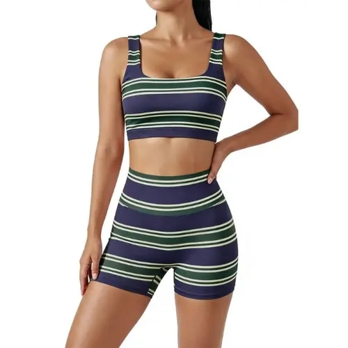 FISOEW Trending Women’s Rainbow Stripe 2-Piece Workout Set - Sleeveless Crop Tank Top, High Waist Biker Shorts, Matching Sets for Women, Gym Lounge Outfit