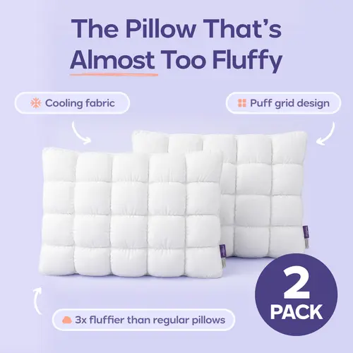 Mellow Sleep | Puff Pillow (2-Pack) – Soft Quilted Puff Grid Design Pillow, Fluffy Plush Bed Pillow with Cloud Like Comfort, Breathable Support Pillow for Side, Back & Stomach Sleepers, Cozy Bed Pillow for Better Sleep