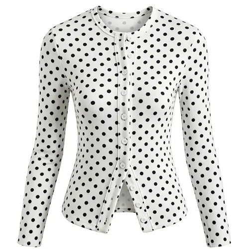 Women's Round Neck Polka Dot Long Sleeve Knit Cardigan, Soft High Elastic Fabric, Slim Fit Button Front Top, Casual Home & Knitwear