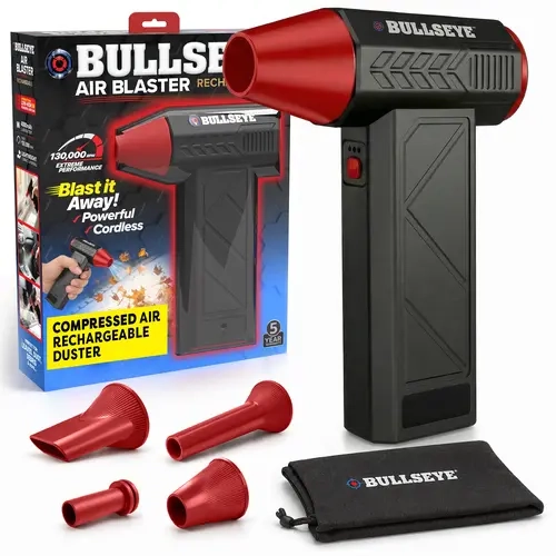 Bullseye Air Blaster – Handheld Portable Cordless Electric Air Duster & Leaf Blower with 3 Speeds, 4 Nozzles & 4000mAh Battery