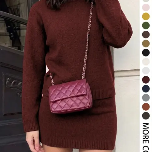 Elegant Women's Fashion Casual Home Wear for Fall & Winter, Basic Simple Fitted, Solid Color Knit Ribbed Binding, Round Neck Long Sleeve Loungewear Set Top