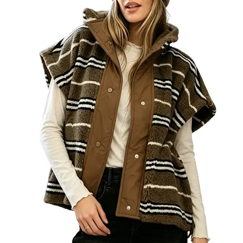 Fisoew Women's Elegant Chocolate Striped Sherpa Fleece Vest - Oversized Stand Collar Outerwear with Snap Buttons, Casual Chic Essential Layering Top