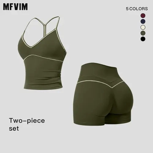 MFVIM Women’s V Neck Yoga Set — Color Blocked Trim, Y Back Long Camisole Top, High Waisted Cycling Shorts for Peach Lifted Glutes, Second Skin Feel Fitness Two Piece,back to school,back to school haul,sohochic